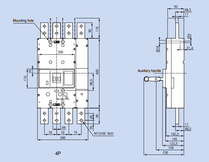Kích thước Aptomat LS ABS1204b 1200A