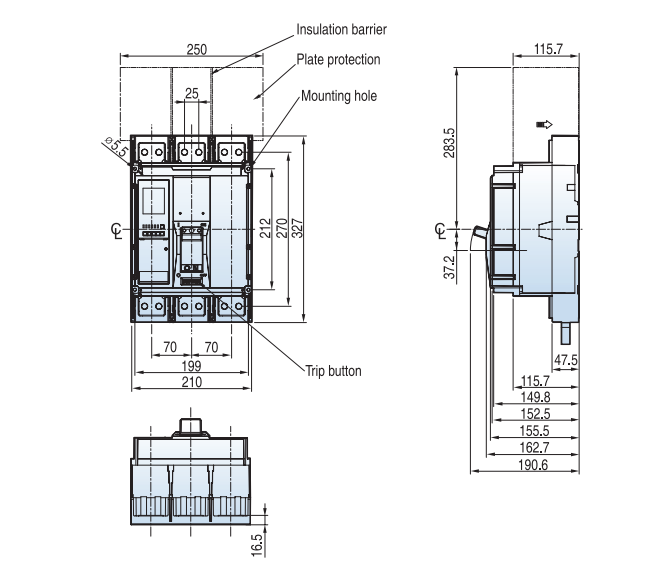 Kích thước Aptomat LS TS1000H 3P 1000A