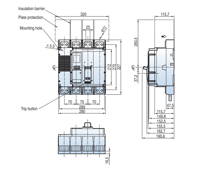 Kích thước Aptomat LS TS1000H 4P 1000A